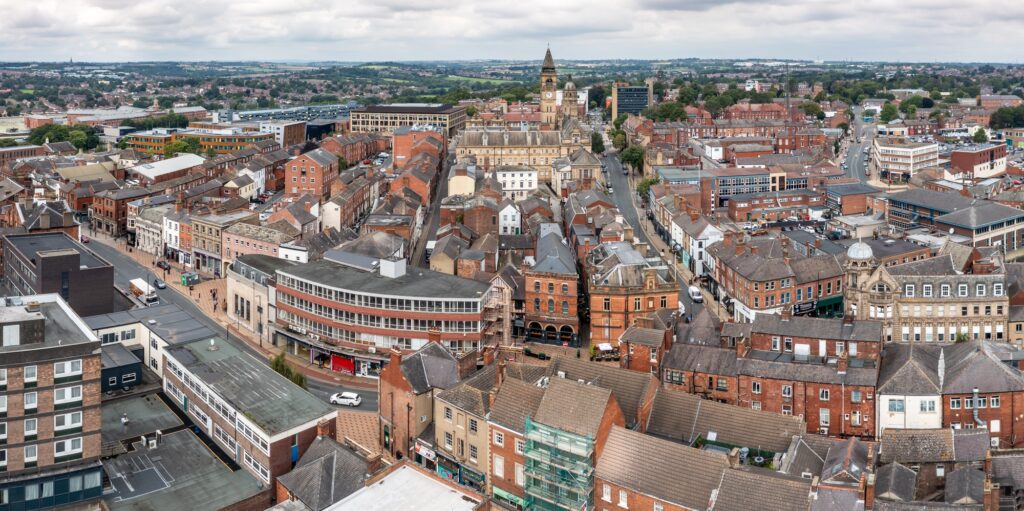 Aerial panorama of Wakefield city centre in West Yorkshire