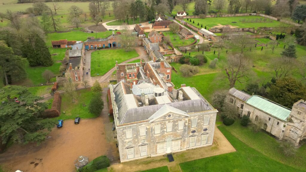 Aerial view of the historic Claydon House in the Aylesbury Vale, Buckinghamshire, England