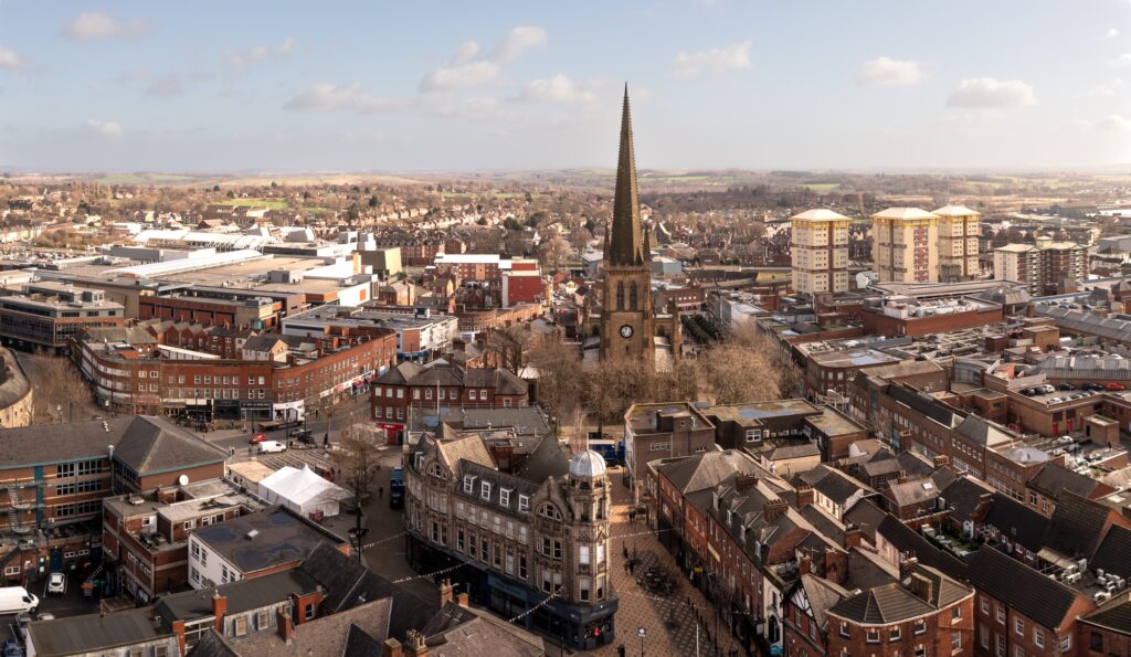 Aerial view of Wakefield cityscape skyline in West Yorkshire