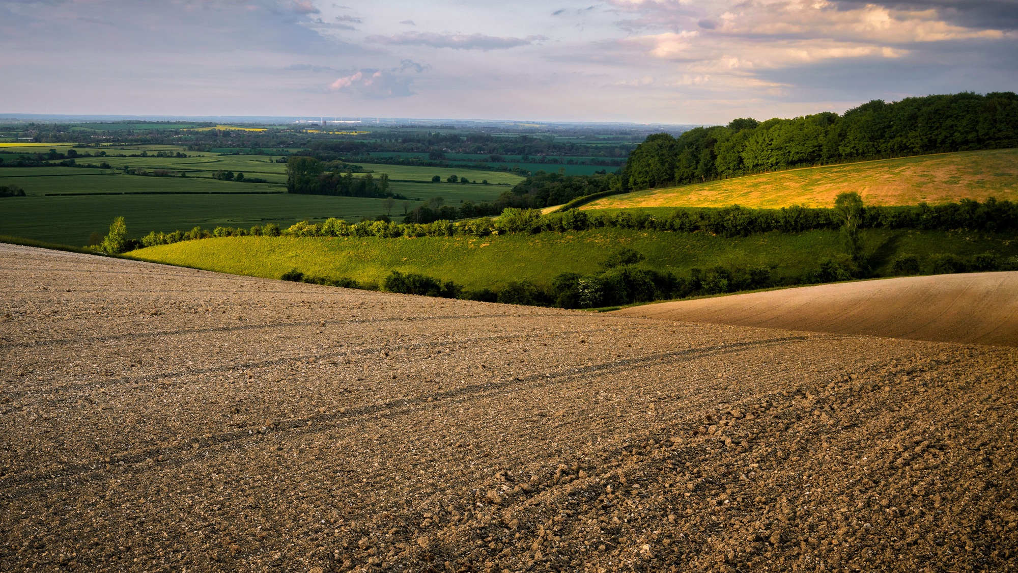 Agricultural lands captured near Barton Hills in Bedfordshire in the evening light