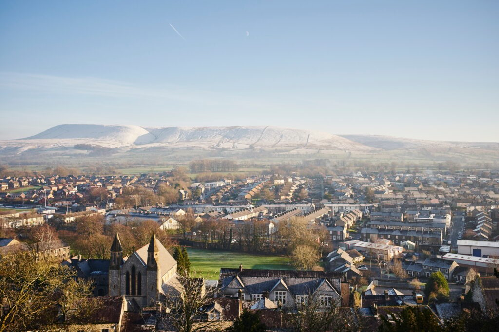 Elevated view of town, Clitheroe, Lancashire, UK