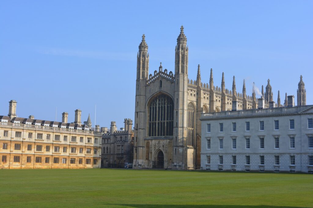 King’s College Chapel and the Back Lawn, University of Cambridge, Cambridgeshire, England.